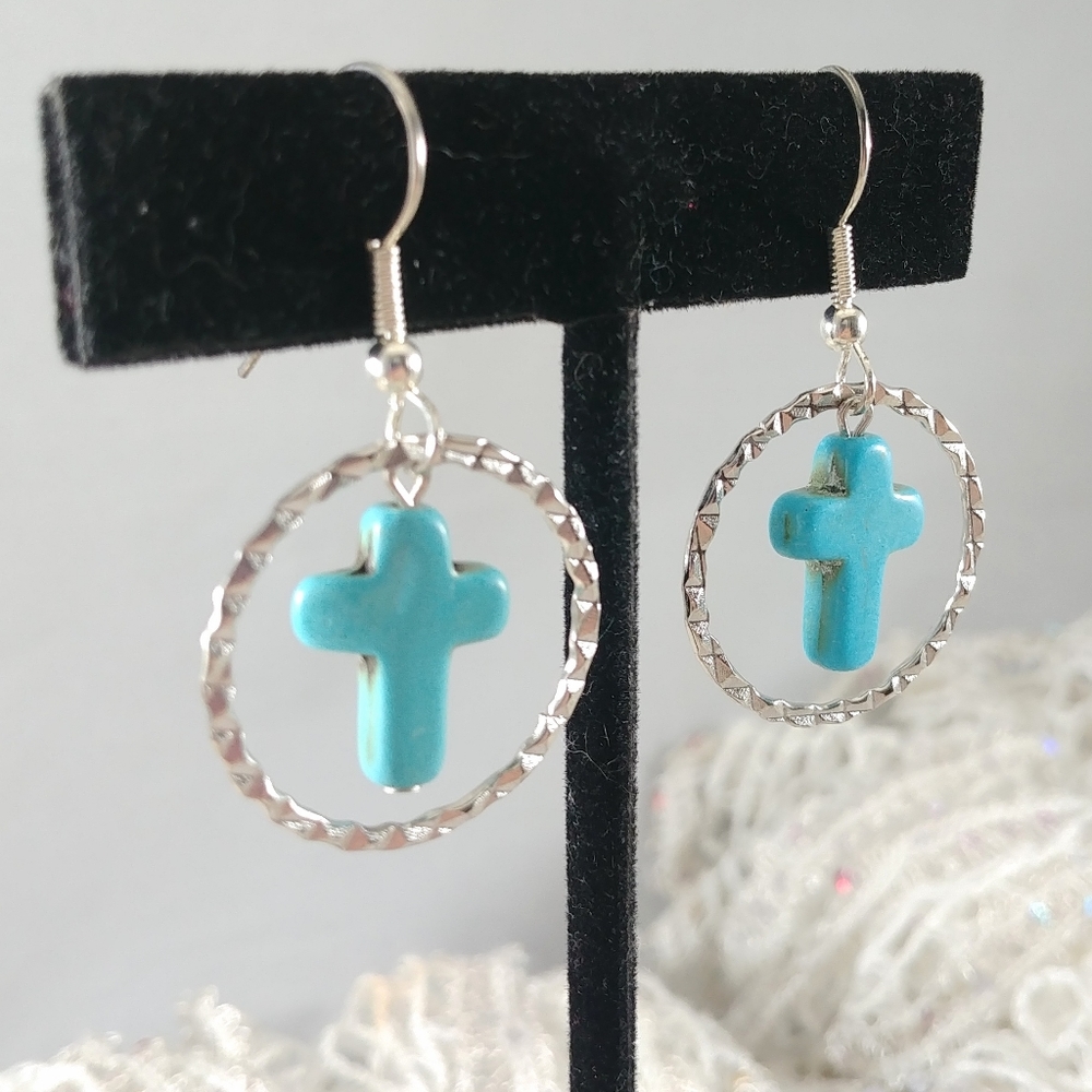 Turquoise stone cross beads & silver hoop earring